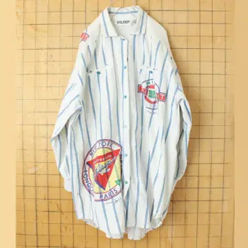 90s USA ESLEEP 긴팔 스트라이프 셔츠 여성용 화이트 aw106