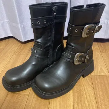 남성용 부츠 신발 벨트 장식 지퍼 통굽 신발 블랙