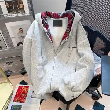 그레이 풀 집업 후드티 체크 무늬