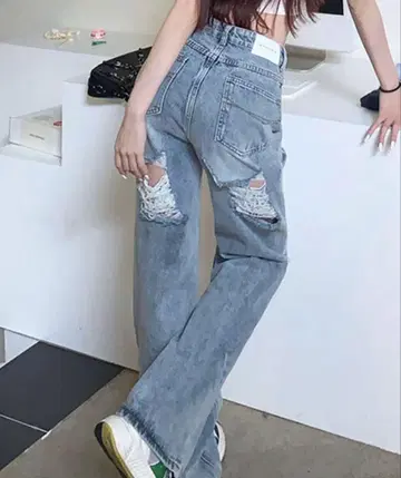백 데미지 데님 스트레이트 팬츠