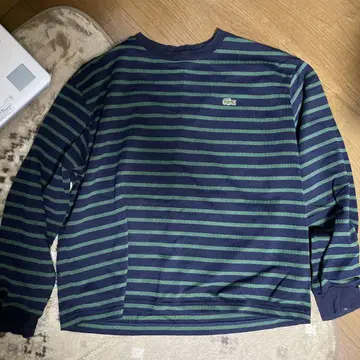 LACOSTE 네이비/그린 스트라이프 긴팔 티셔츠 US S
