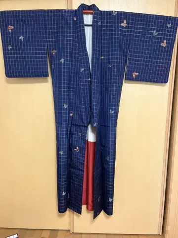 코몬 실크 나비  이중 기모노 체크