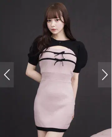 pium 리본 테이프 레이어드 반팔 니트 원피스 핑크