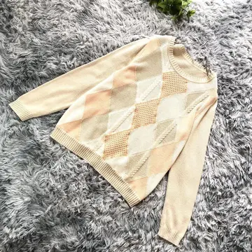 leilian [ M ] 니트 스웨터 다이아 무늬 긴팔 크림 x 오렌지