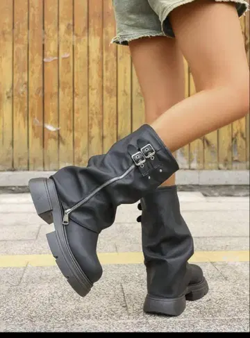 미사용 블랙 롱 부츠 지퍼 포함