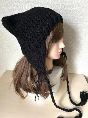 고양이 귀 니트 모자 귀마개 포함 끈 포함 손뜨개질 핸드메이드 블랙