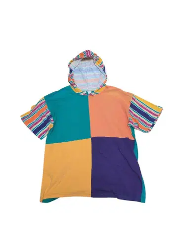 80s~90s 멀티 컬러 패치워크 반팔 후드티