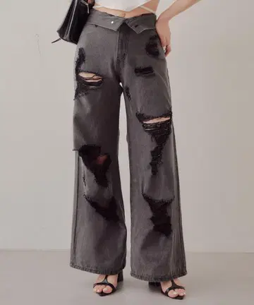 chico 치코 데미지 와이드 데님 팬츠 그레이 그런지