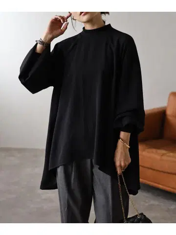 오버 사이즈 7부 소매 하이넥 셔츠 블랙