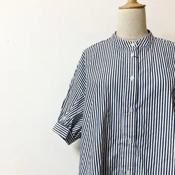 미사용 새상품 본르시엘 반팔 셔츠 밴드 카라 오버 사이즈 스트라이프 F
