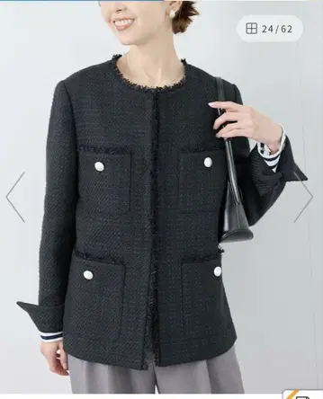 노카라 자켓 다크 그레이 트위드풍
