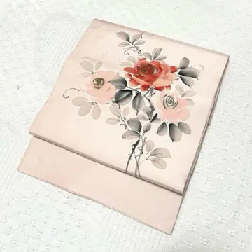 [ 새상품급 ] 나고야 오비 (핑크 연한 복숭아색 골드/장미/묵화풍)