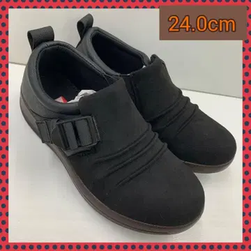 24.0cm 새상품 셔링 스니커즈 여성 신발 와이드 슬립온 부츠 블랙