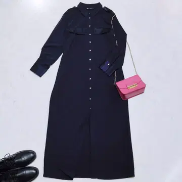 ZARA 자라 셔츠 원피스 골드 버튼 에포렛 긴팔 다크 네이비 새틴