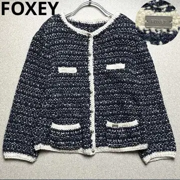FOXEY 린넨 트위드 가디건 자켓 니트 로고 플레이트