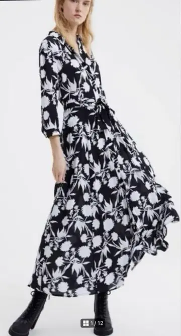 ZARA 롱 원피스 셔츠 원피스 보타니컬 꽃무늬 블랙 XS