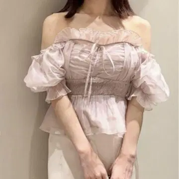 SNIDEL 개더 프릴 오프숄더 블라우스 핑크