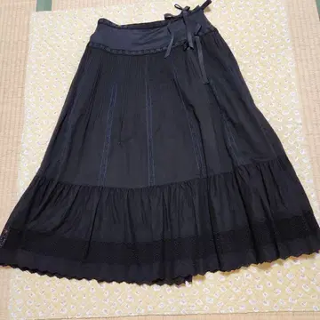 잉게보그 플레어 스커트 블랙 롱 스커트 허리 리본 포함
