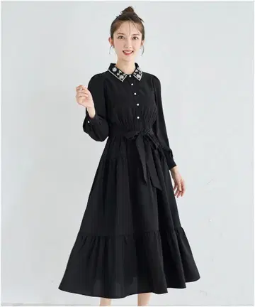 [택 포함 새상품] 허리 리본 포함 펄 비쥬 티어드 셔츠 원피스