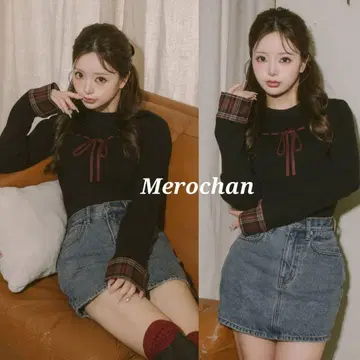 다리치 체크 커프스 리본 니트탑 블랙
