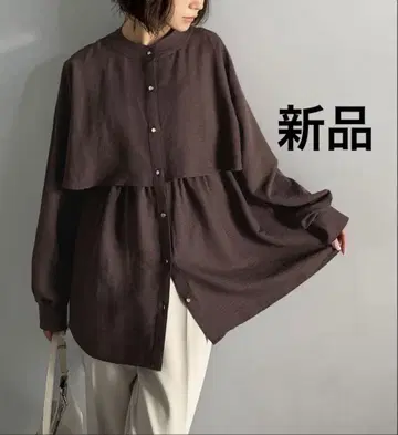 클래식 엘프 새상품 블라우스 긴팔 페플럼 케이프 셔츠 브라운