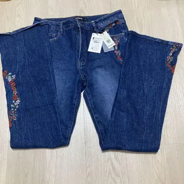 꽃 자수 와이드 레그 청바지 (블루) 빅 사이즈 3L
