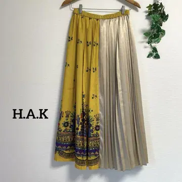 H A K*플리츠 이소재 배색 머스타드 동양인 개성있는 롱 스커트