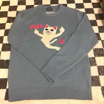 RIPNDIP L 스카이블루 니트 스웨터 고양이 자수