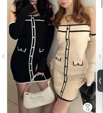 ROYAL PARTY 암워머 포함 배색 베어 타이트 미니 원피스 블랙