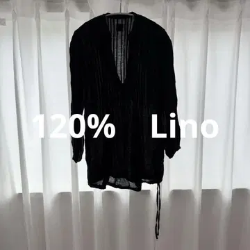 120% Lino 블랙 스트라이프 긴팔 셔츠 드로우 스트링