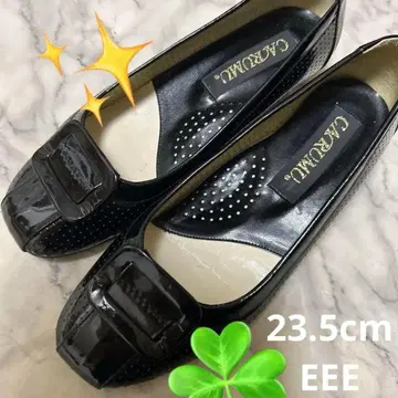 Carumu 블랙 로우힐 펌프스 에나멜 23.5cm EEE 넓은 발등