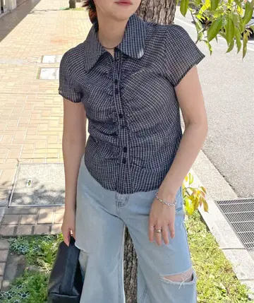 당일 발송 ABYS 크롭 체크 시어 셔츠