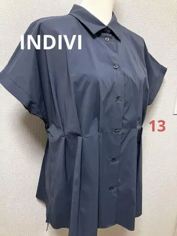 INDIVI 블루 그레이 반팔 셔츠 플리츠 디자인 사이즈 13