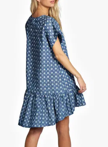 수입 영국 마린 프린트 원피스 데님 블루 루즈핏 프릴 헴