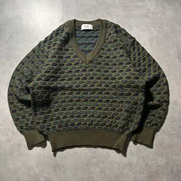 빈티지 마블 패턴 V넥 3D 입체 레트로 카키 니트 스웨터