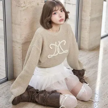 택 포함 새상품 다리치 로고 와플 니트탑 베이지