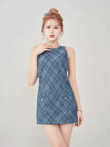 Darich 바이어스 체크 데님 미니 원피스