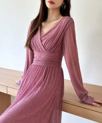 라메 믹스 카슈쿨 파티 드레스 포멀 원피스 긴팔 핑크