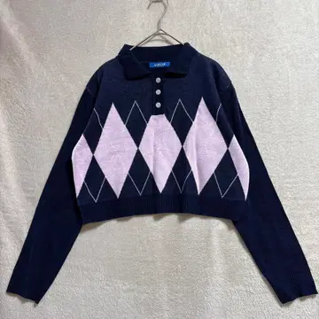 NACHO 숏 기장 긴팔 아가일 무늬 크롭 니트 S 사이즈