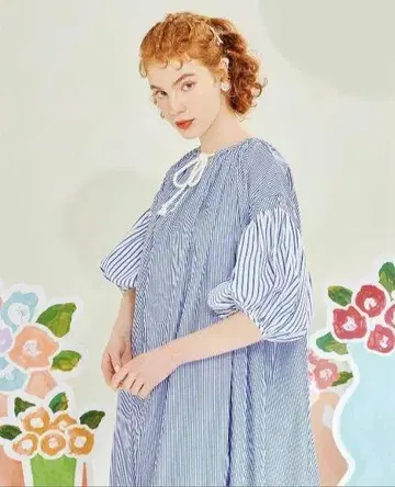 POPPY 아사기니뇨 스트라이프 볼륨 원피스 블루 M 사이즈