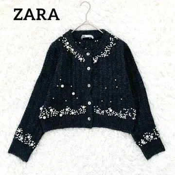 [ 자라 ] ZARA 펄 장식 니트 가디건 (S) 크롭 울 블랙
