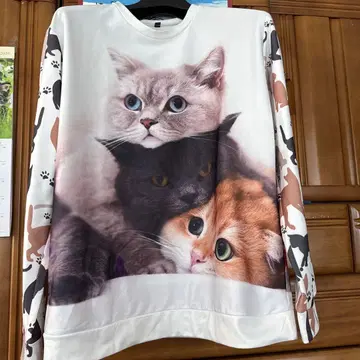 고양이 프린트 긴팔 T셔츠