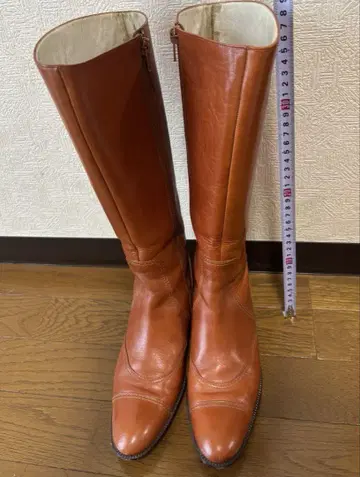 천연 가죽 오렌지 지퍼 달린 롱 부츠
