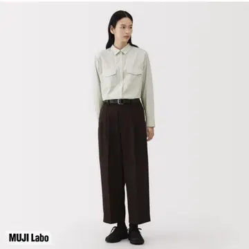 MUJI Labo 포플린 레귤러 카라 셔츠 S 사이즈 올리브 스트라이프
