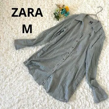 ZARA TRF 자라 스트라이프 롱 오버 셔츠 겉옷 그린 M