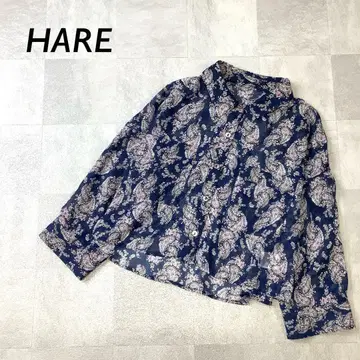 HARE 페이즐리 패턴 시어 숏 기장 블라우스 네이비