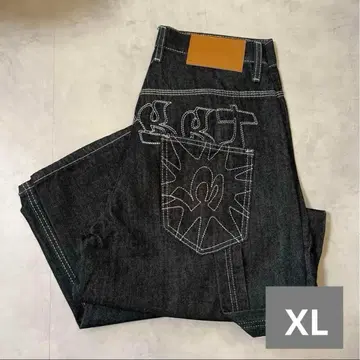 자수 초와이드 배기 데님 와이드 블랙 청바지 한국 스트릿 그런지