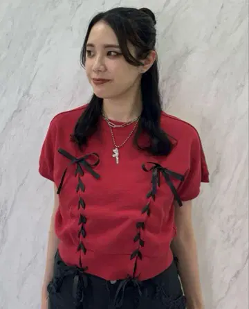 jouetie 레이스업 리본 상의 빨간색