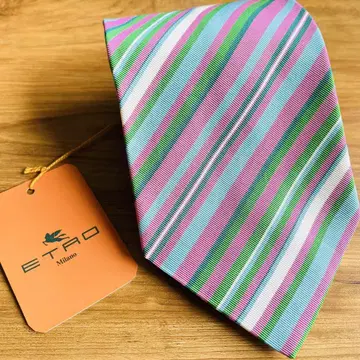 ETRO Milano 실크 넥타이 핑크 그린 스트라이프
