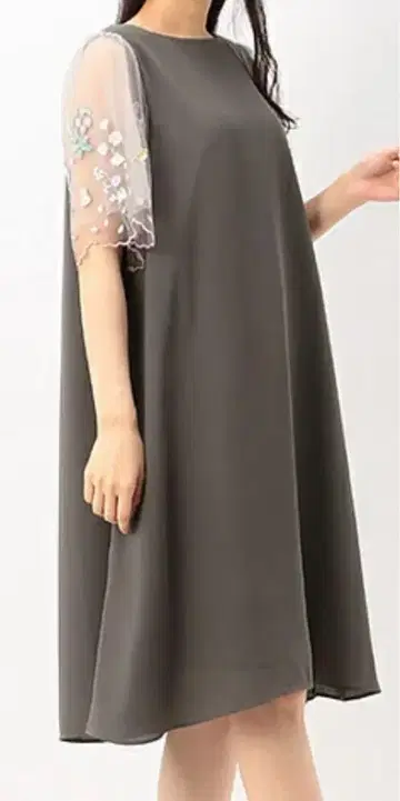 프랑슈리페 빅 사이즈 시스루 자수 장식 다크 그레이 A라인 원피스